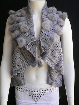 New Women Gray Trendy Knit Shawl Warm Sexy Top Faux Fun Ball Fashion Sweater Size L - alwaystyle4you - 2