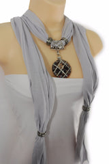 Light Blue Gray Pink Soft Fabric Glass Pendant Scarf Long Necklace Silver Metal