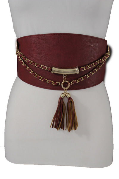 Light Dark Brown Red Gray Faux Leather Stretch Back Wide Corset Gold 2 Rows Fringes Accessories S M