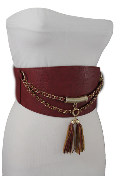 Light Dark Brown Red Gray Faux Leather Stretch Back Wide Corset Gold 2 Rows Fringes Accessories S M