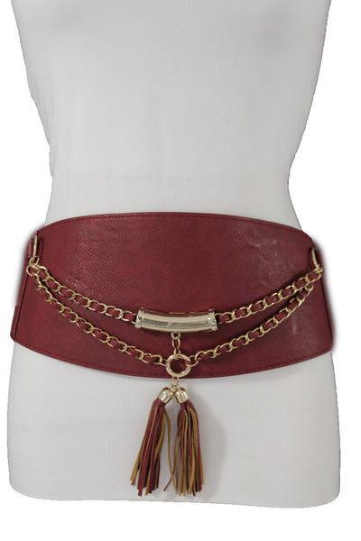 Light Dark Brown Red Gray Faux Leather Stretch Back Wide Corset Gold 2 Rows Fringes Accessories S M