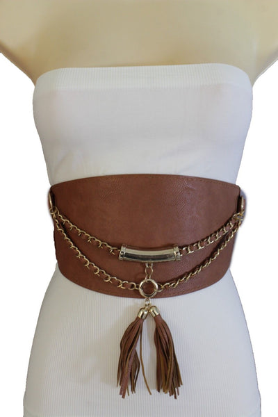 Light Dark Brown Red Gray Faux Leather Stretch Back Wide Corset Gold 2 Rows Fringes Accessories S M