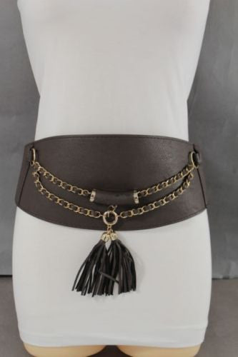 Light Dark Brown Red Gray Faux Leather Stretch Back Wide Corset Gold 2 Rows Fringes Accessories S M