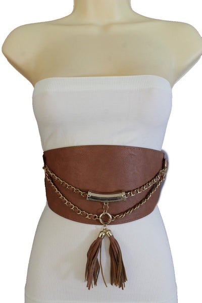 Light Dark Brown Red Gray Faux Leather Stretch Back Wide Corset Gold 2 Rows Fringes Accessories S M