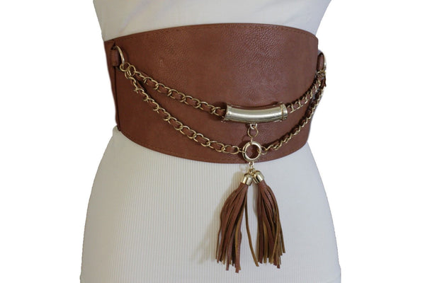 Light Dark Brown Red Gray Faux Leather Stretch Back Wide Corset Gold 2 Rows Fringes Accessories S M