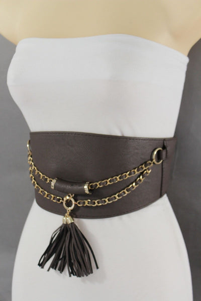 Light Dark Brown Red Gray Faux Leather Stretch Back Wide Corset Gold 2 Rows Fringes Accessories S M