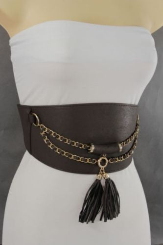Light Dark Brown Red Gray Faux Leather Stretch Back Wide Corset Gold 2 Rows Fringes Accessories S M