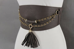 Wide Faux Leather Rope & Tassel Accented Corset Belt