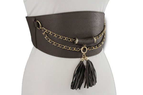 Light Dark Brown Red Gray Faux Leather Stretch Back Wide Corset Gold 2 Rows Fringes Accessories S M