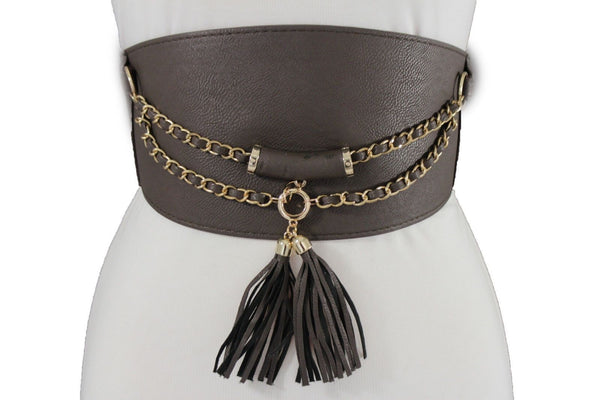Light Dark Brown Red Gray Faux Leather Stretch Back Wide Corset Gold 2 Rows Fringes Accessories S M
