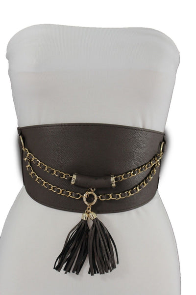 Light Dark Brown Red Gray Faux Leather Stretch Back Wide Corset Gold 2 Rows Fringes Accessories S M