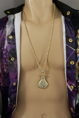 Men Gold Metal Chain Long Necklace 3D Dollar Money Bag Charm $ Pendant Hip Hop
