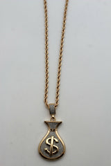 Men Gold Metal Chain Long Necklace 3D Dollar Money Bag Charm $ Pendant Hip Hop