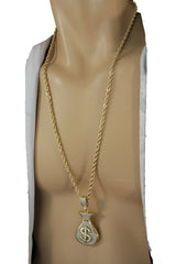 Men Gold Metal Chain Long Necklace 3D Dollar Money Bag Charm $ Pendant Hip Hop