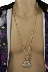 Men Gold Metal Chain Long Necklace 3D Dollar Money Bag Charm $ Pendant Hip Hop