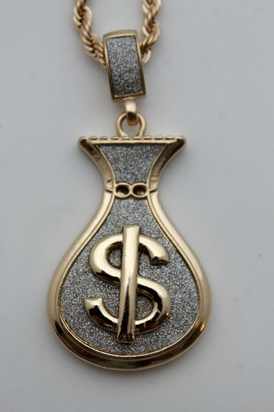 Men Gold Metal Chain Long Necklace 3D Dollar Money Bag Charm $ Pendant Hip Hop