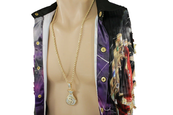 Men Gold Metal Chain Long Necklace 3D Dollar Money Bag Charm $ Pendant Hip Hop