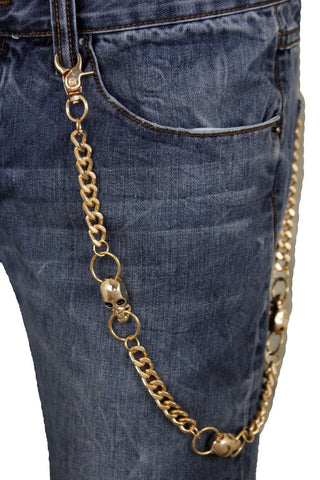 Gold Metal Wallet Chain Links Key Chain Biker Trucker 3 Skeleton Skull Charms Men Accessories