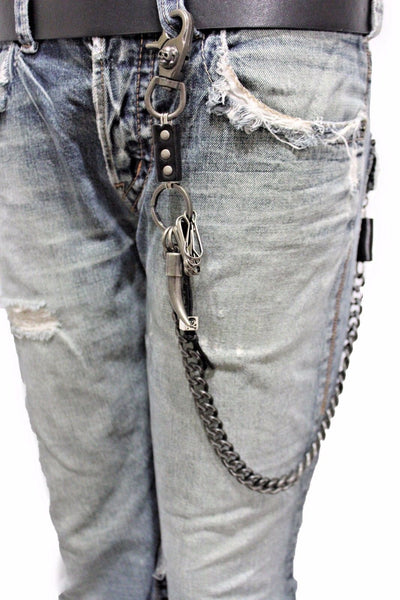 Men Silver Metal Wallet Chain Key Chain Black Leather Horn Skull Motorcycle Biker