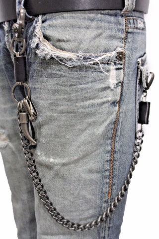 Men Silver Metal Wallet Chain Key Chain Black Leather Horn Skull Motorcycle Biker