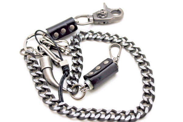 Men Silver Metal Wallet Chain Key Chain Black Leather Horn Skull Motorcycle Biker
