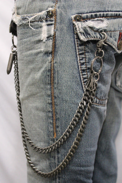 Antique Silver Metal Wallet Chain KeyChain Black Leather Guns Bullets Skull Jeans Men Accessories