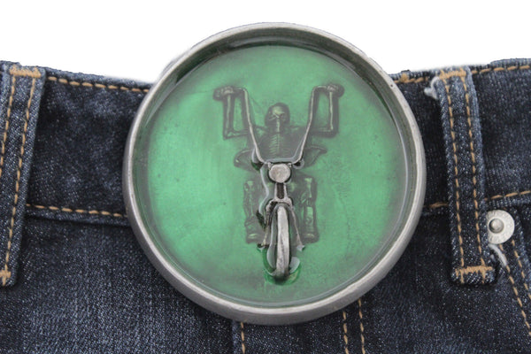 Silver Metal Round Heavy Grey Green Skeleton Rider Motorcycle Bones Belt Buckle Men Accessories