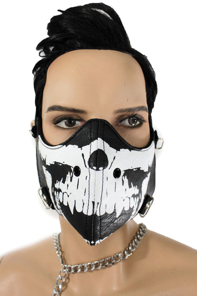 Black White Skull Print Muzzle S&M Rave Goth Face Mask Men Halloween Costume Carnival Accessories
