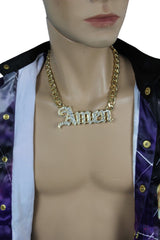 Men Necklace Gold Metal Chains Amen 3D Long Pendant Bling Hip Hop Big Jewelry