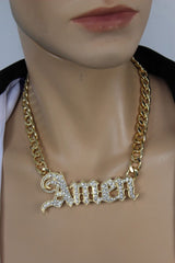 Men Necklace Gold Metal Chains Amen 3D Long Pendant Bling Hip Hop Big Jewelry