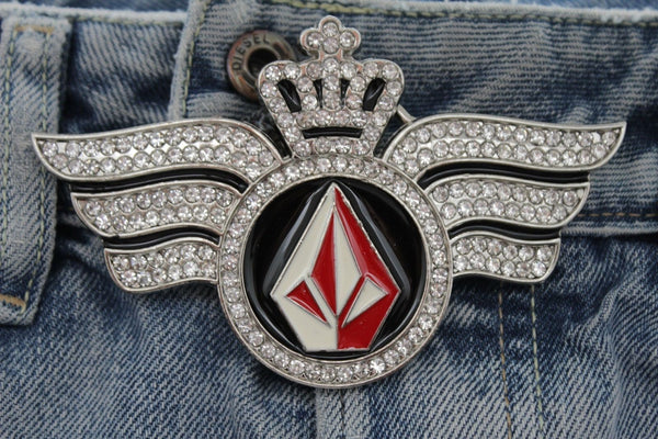 Silver Metal Long Wings Red Blue Diamond Crown Fly New Men Women Rodeo Fashion Accessories