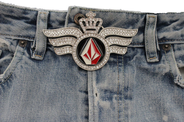 Silver Metal Long Wings Red Blue Diamond Crown Fly New Men Women Rodeo Fashion Accessories