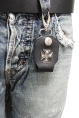 Silver Key Chain Ring Holder Iron Cross Charm Clasp Hook Black Faux Leather New Men Style - alwaystyle4you - 4