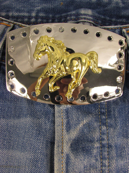 Men Belt Buckle Cowboy Western Fashion Silver Metal Gold Rodeo Horse Square One Size Bling Look