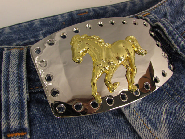Men Belt Buckle Cowboy Western Fashion Silver Metal Gold Rodeo Horse Square One Size Bling Look