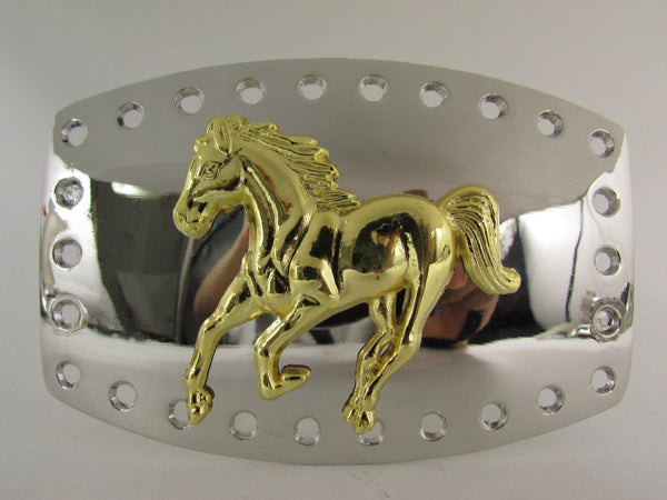 Men Belt Buckle Cowboy Western Fashion Silver Metal Gold Rodeo Horse Square One Size Bling Look