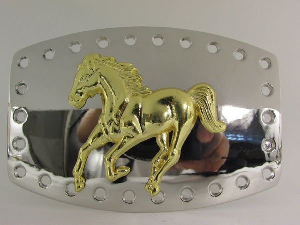 Men Belt Buckle Cowboy Western Fashion Silver Metal Gold Rodeo Horse Square One Size Bling Look