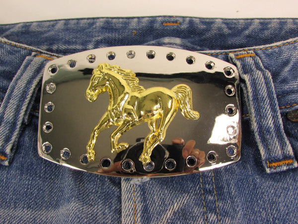 Men Belt Buckle Cowboy Western Fashion Silver Metal Gold Rodeo Horse Square One Size Bling Look