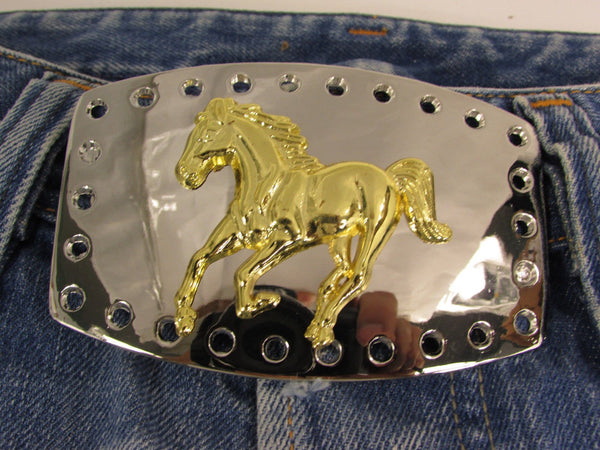 Men Belt Buckle Cowboy Western Fashion Silver Metal Gold Rodeo Horse Square One Size Bling Look
