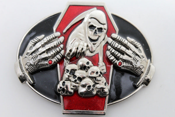 Silver Devil Hands Coffin Skull Skeleton Belt Buckle Halloween Death Men Women Accessories