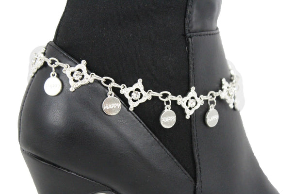 Metal Chain Boot Bracelet Shiny Bling Anklet Happy Charm Rhinestone New Women Accessories