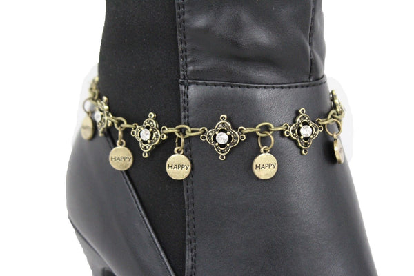 Metal Chain Boot Bracelet Shiny Bling Anklet Happy Charm Rhinestone New Women Accessories