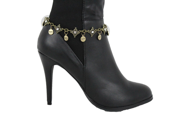 Metal Chain Boot Bracelet Shiny Bling Anklet Happy Charm Rhinestone New Women Accessories