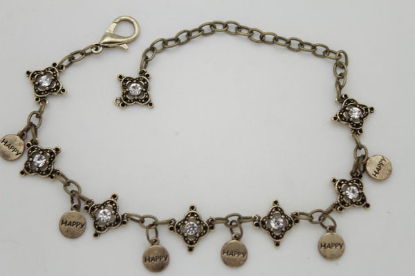 Metal Chain Boot Bracelet Shiny Bling Anklet Happy Charm Rhinestone New Women Accessories