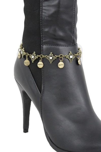 Metal Chain Boot Bracelet Shiny Bling Anklet Happy Charm Rhinestone New Women Accessories