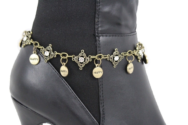 Metal Chain Boot Bracelet Shiny Bling Anklet Happy Charm Rhinestone New Women Accessories