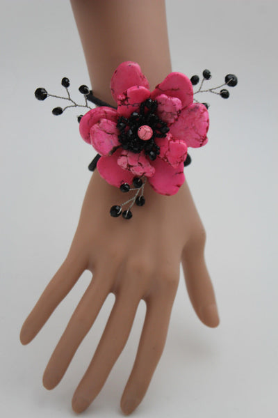 Baby Blue / Pink / Red / White /  + Black Bead Flower Charm Elastic Cuff Bracelet Band New Women Fashion Jewelry Accessories - alwaystyle4you - 13