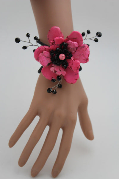 Baby Blue / Pink / Red / White /  + Black Bead Flower Charm Elastic Cuff Bracelet Band New Women Fashion Jewelry Accessories - alwaystyle4you - 13