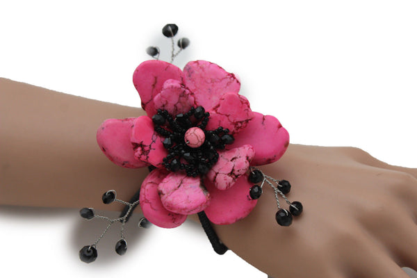 Baby Blue / Pink / Red / White /  + Black Bead Flower Charm Elastic Cuff Bracelet Band New Women Fashion Jewelry Accessories - alwaystyle4you - 10