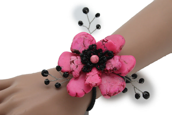 Baby Blue / Pink / Red / White /  + Black Bead Flower Charm Elastic Cuff Bracelet Band New Women Fashion Jewelry Accessories - alwaystyle4you - 12